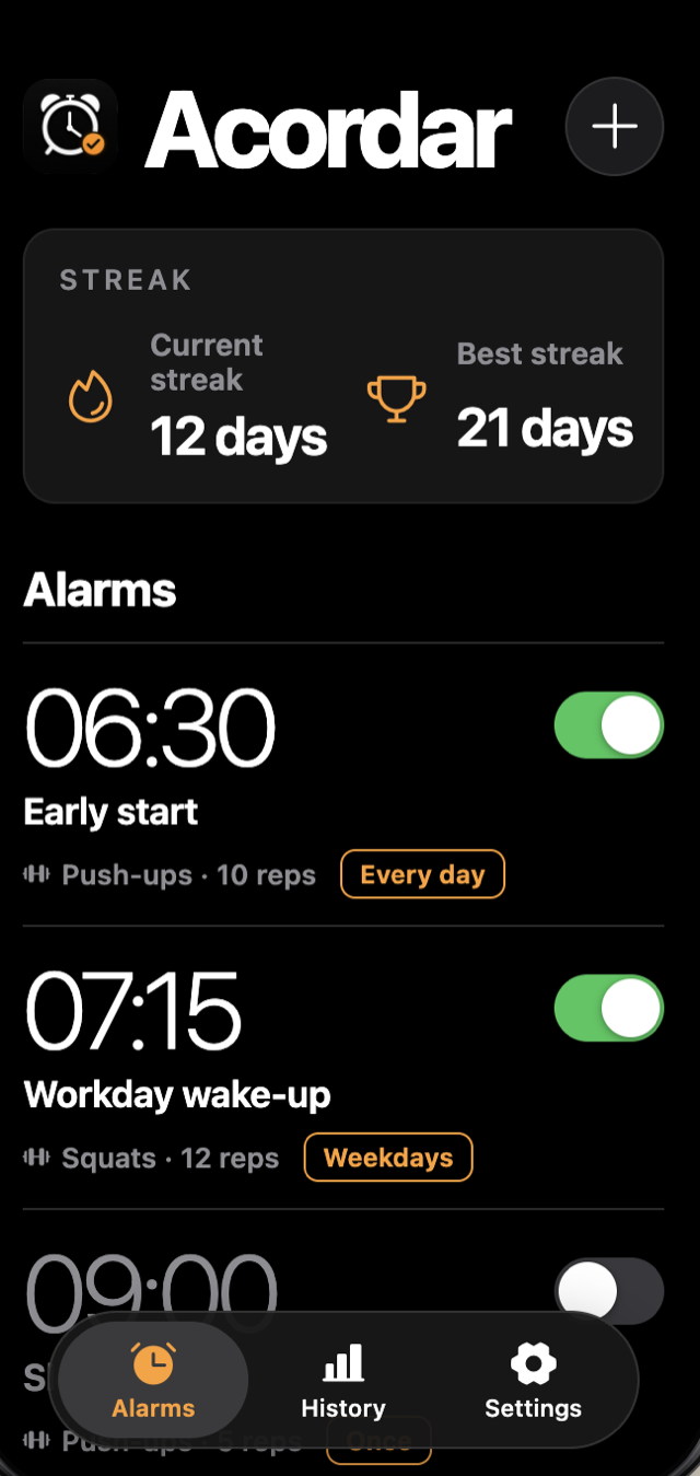 Acordar alarm list showing a push-up challenge with ten repetitions